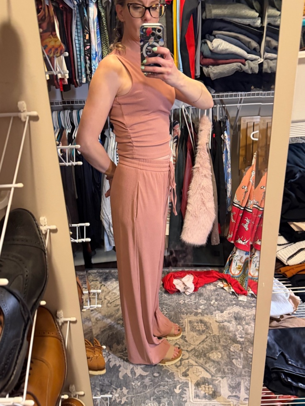 Women’s Pink High-Waist Drawstring Wide-Leg Jumpsuit - Picture 3 of 6